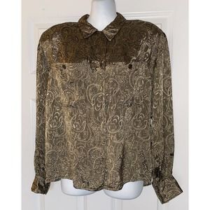 Vtg 90s Liz Claiborne Collection Sz 8 Gold Metallic Paisley Top Shirt Blouse
